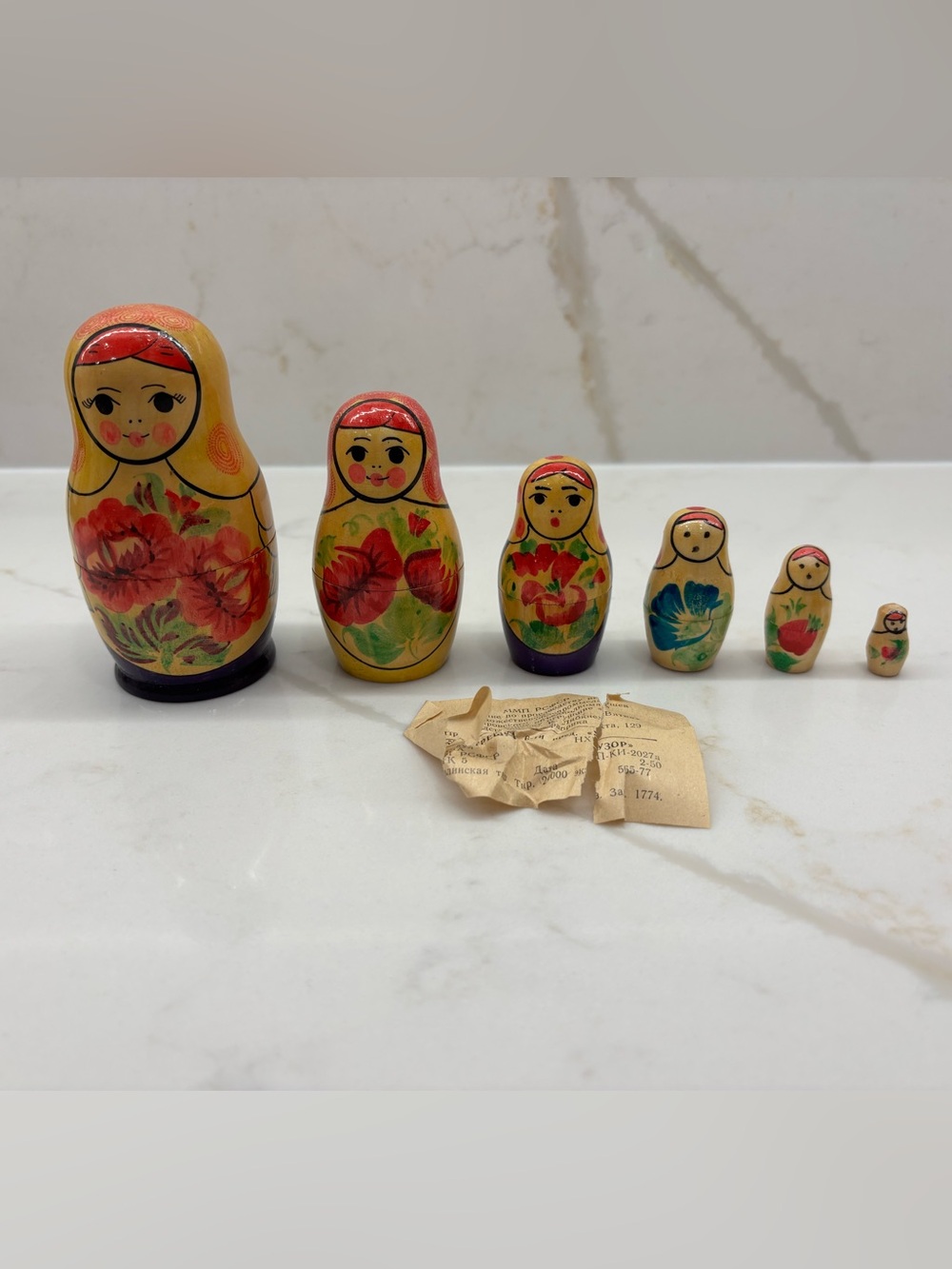 Vintage Russian Hand Painted Wooden 6 Piece Set Matryoshka Semenov Nesting Dolls